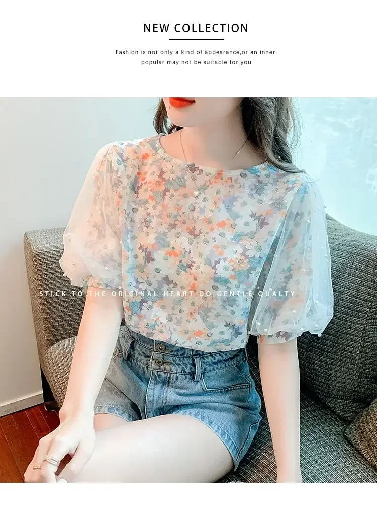 Floral Short-sleeved Chiffon Women's New Puff Sleeve Top Chic and Fashionable Shirt