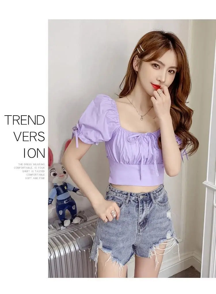New Women's One-shoulder Lace-up Short Sleeve Waist-hugging Top