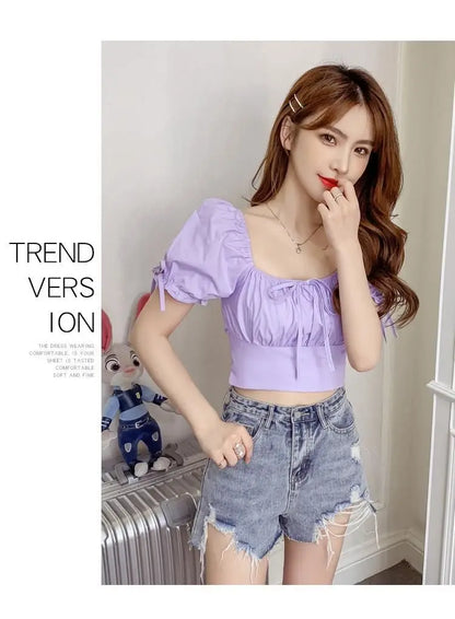 New Women's One-shoulder Lace-up Short Sleeve Waist-hugging Top