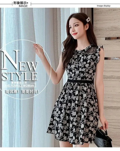 Neck Gauze Mesh Slim Sleeveless Floral Dress Women's New Style Spliced round