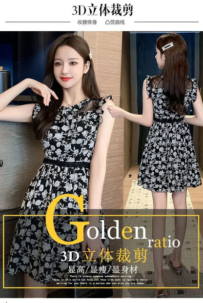 Neck Gauze Mesh Slim Sleeveless Floral Dress Women's New Style Spliced round