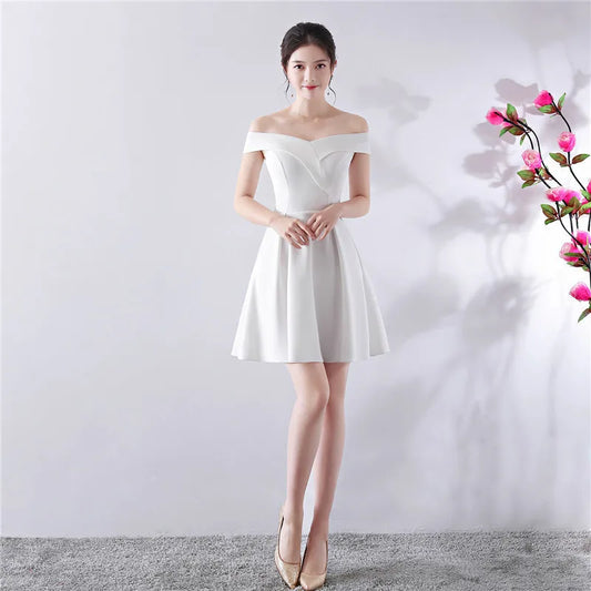 Ele ort aduation Host Dr One oulder Slimming A-Line Skirt Sweet Evening Gown Polyester Fiber Zipper Waist