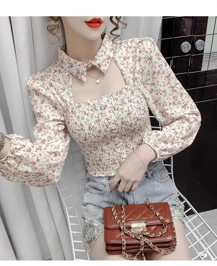 2025 Floral Chiffon Shirt New Spring Summer Women Collect Waist Hollow Out Tops Vintage Blouse Women Longsleeve Short Shirt 3XL