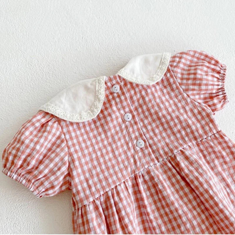 2-6Yrs Summer Girl Draped Dress Children Dress Pink Plaid Turn-Down Collar Kids Clothes Embroidery Toddler Baby Girls Clothing