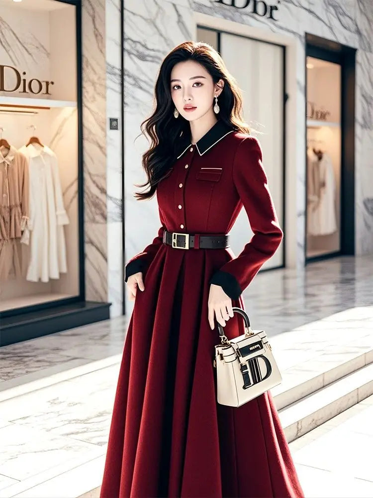 French Wine Red Dress Women's Late Dresses Spring Autumn 2025 New Super Good-Looking Official Occasion Waisted Chic Long Dress