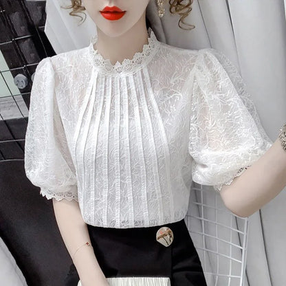 White 's Top 2023 Summer New Bubble Short Sleeve Chiffon Thin T-shirt Unique Lace Little Blusas Clothes for Women Blouse Shirts
