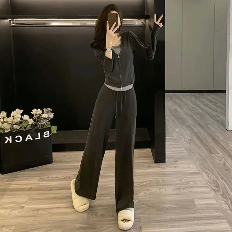 Western-style Suit Spring Autumn Fashion Slim Sweatshirt Wide-leg Pants Two-piece Trendy Set