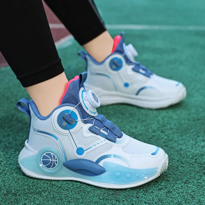 Children Basketball Shoes Boys Sports Comfortable Non Slip Flat Fitness Shoes  New Rotating Button Sports Sneakers for Kids