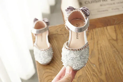 Girls' Sweet Leather Shoes with Back Knot Soft Sole Half Sandals Crystal 2025 Summer New Kids Princess Shoes for Party Wedding