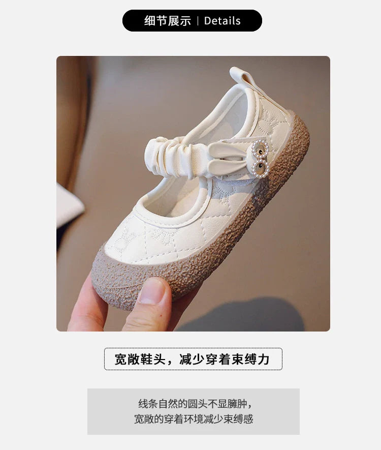 Girl's Mary Janes Cute Flat Sewing Pu Leather Little Children Leather Shoes Pu 21-30 Hook-loop Anti-slip Lovely Kids Spring Shoe