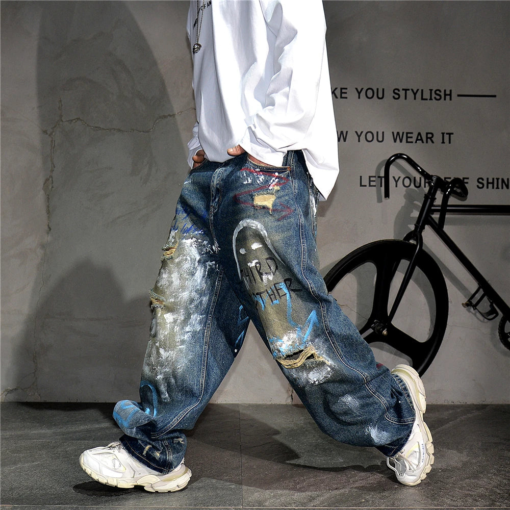 High End Men'S Clothing Hip Hop Graffiti Baggy Jeans For Men Streetwear Skateboard Ripped Jeans Korean Trendy Denim Trousers  ( Available )
