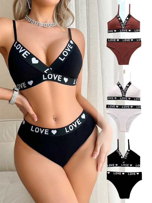 1 to 3-Piece Set Cotton Women's Underwear Set Letter Print Removable Inner Wireless Push up Bra Sexy Women's Underwear