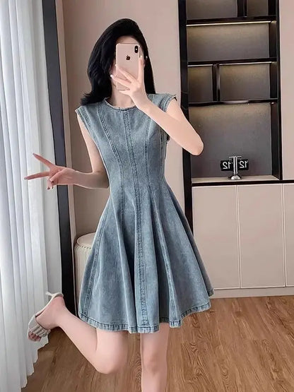 Summer New Retro Blue Denim Dr Slimming High Waist round Ne Svel A-Line Skirt Korean Sle Women's Faion Dr