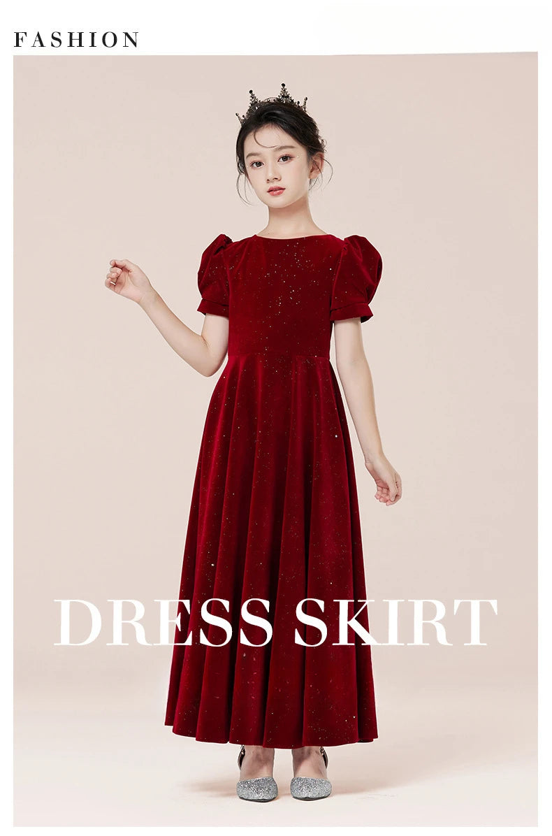 Kids Party Dress Clothing For Birthday Princess  Wine Red Piano Wedding Flower Girl 5-17 Years Old  Host Children's Formal Dress