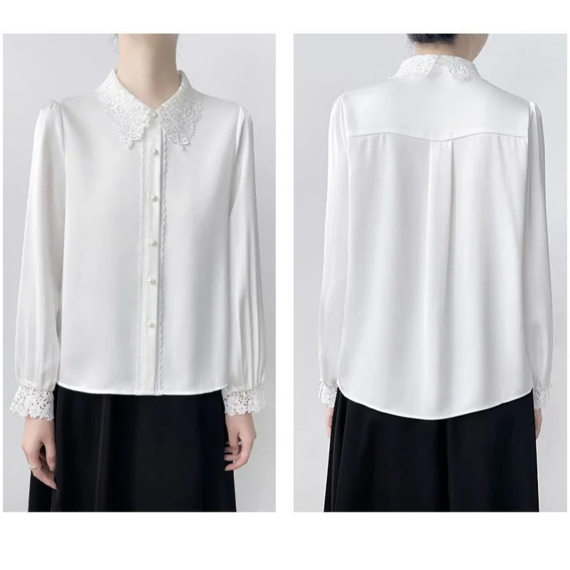 Lapel Lace Hollow Stitching Top Satin Shirt Women's Long-sleeved Temperament Autumn