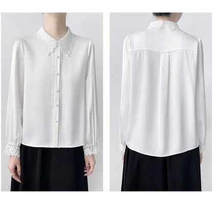 Lapel Lace Hollow Stitching Top Satin Shirt Women's Long-sleeved Temperament Autumn