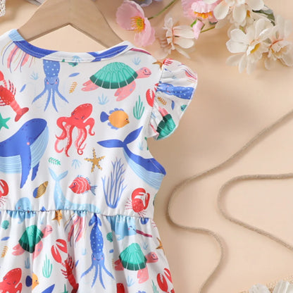 Summer Cute Girl Dresses Cartoon Pattern Flying Sleeve Kids Girls Party Dresses 2 To 8 Years Kids Casual Clothes