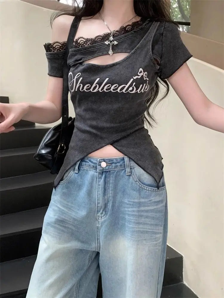Onalippa 2026 Korean Design Niche Sweet Spicy Girl Lace Edge Hollow Out Vintage Short Sleeved T-shirt Summer Letter Printed Top