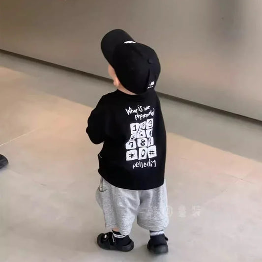 Boys' Short Sleeved Pure Cotton Base Shirt Loose Breathable Handsome Letter Button Stylish
