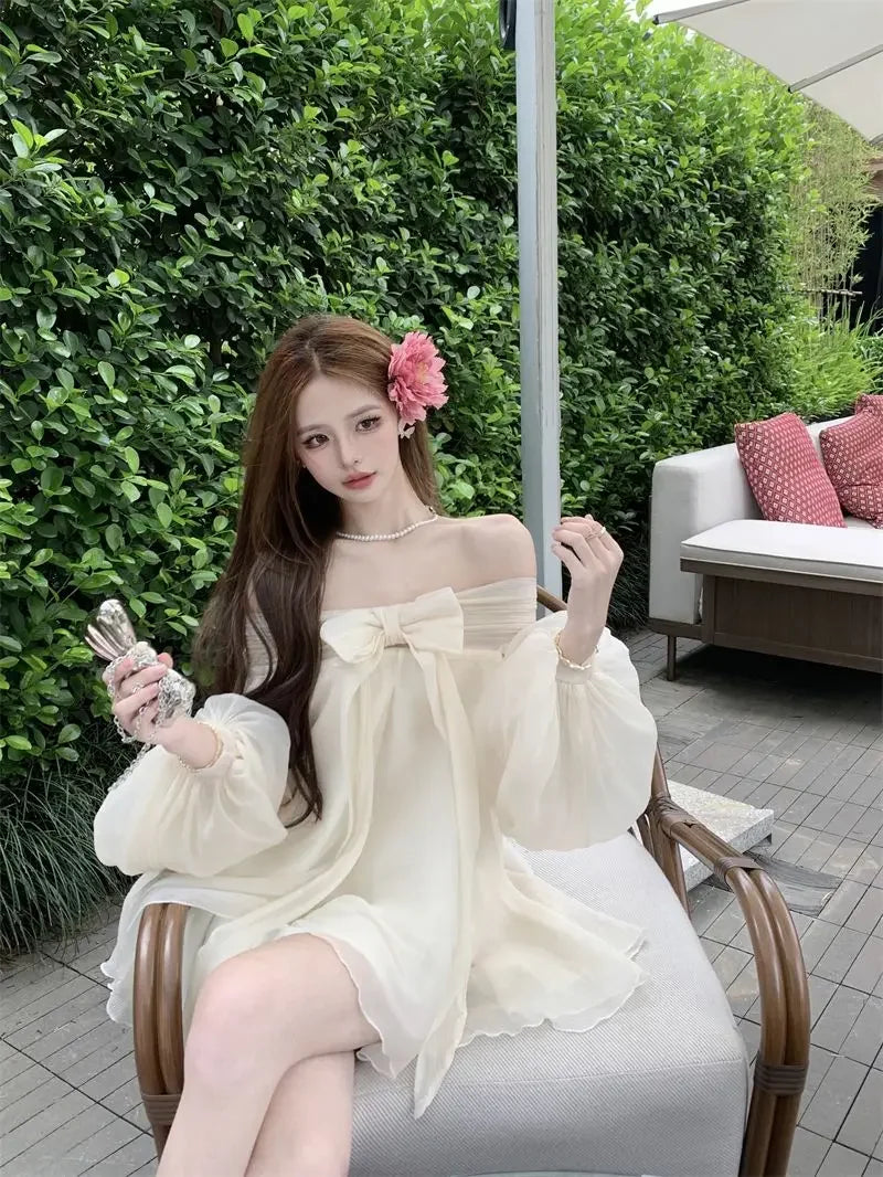 Bow Slash Neck Vestidos Off Shoulder Dress Sexy Sweet Vestido Fairy Mini Loose Dresses Spring 2026 New Long Sleeve Ropa Mujer