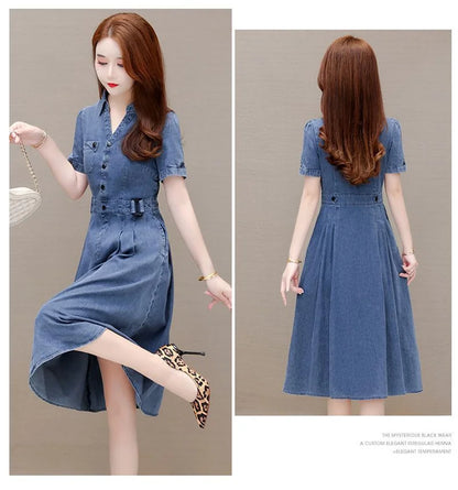 2026 Korean Summer New Denim Dress Women Temperament  Short Sleeved Fashion Slim All-match Casual Dress Female Vestidos