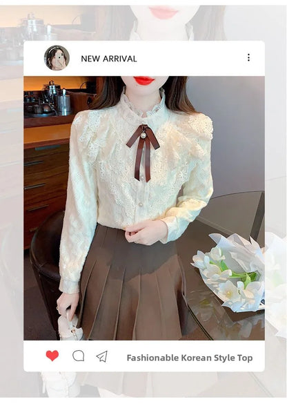 Women's Fce Lined Lace Blouse Thiened Autumn Winter Faion Inner Wear  Knot irt Stand Collar Regular Fit
