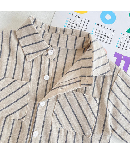 Set Children Unisex Summer New Style Cotton Stripe Pocket Shirt Polo Collar Shourts Fashion Casual Brief Versatile Korean