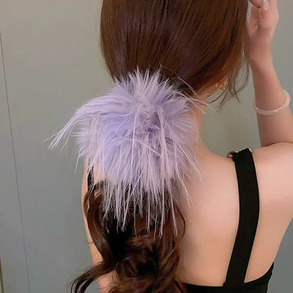 Large Feather Hair Rope Women Lady Elegant Black White Feather Elastic Hair Band Winter Headwear Fluffy Hair Scrunchy Hair Ring