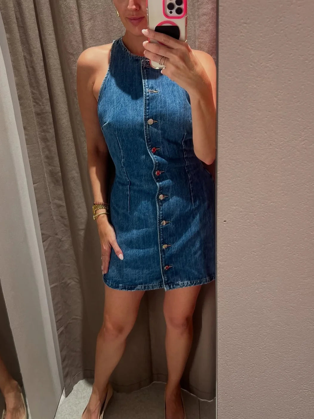 Vintage Denim Midi Dress Fashion Single Breasted Women Dress Round Neck Sleeveless Casual Women Party Short Dress Summer 2025