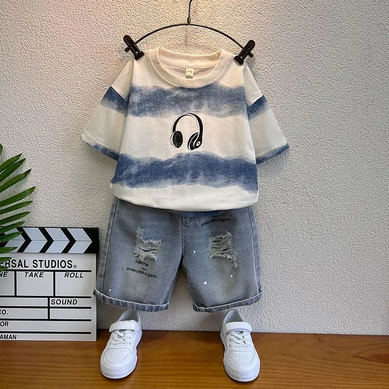 New Boys Sleeveless Vest Denim Shorts 2PC Sets Outdoor Festival Clothing Vintage Print Kids Miracle Design 2-10 Years White Tops (Available)