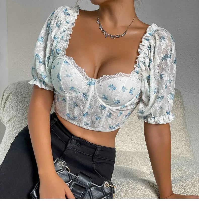 New Sle See-tough Lace Splice Fibone Little Vest ort Sve Women's T-irt Floral Sve European Sle Summer Top