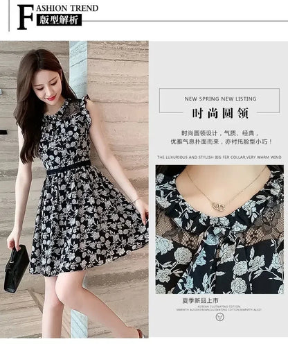 Neck Gauze Mesh Slim Sleeveless Floral Dress Women's New Style Spliced round