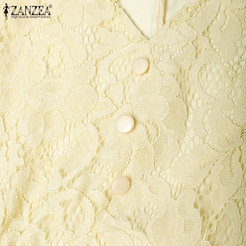 ZANZEA Women Summer Lace Patchwork Dresses 2026 Elegant Party Dress Stylish V Neck Short Sleeve Office Sundress A Line Midi Robe
