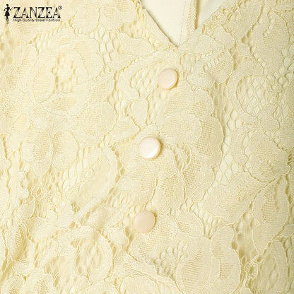 ZANZEA Women Summer Lace Patchwork Dresses 2026 Elegant Party Dress Stylish V Neck Short Sleeve Office Sundress A Line Midi Robe