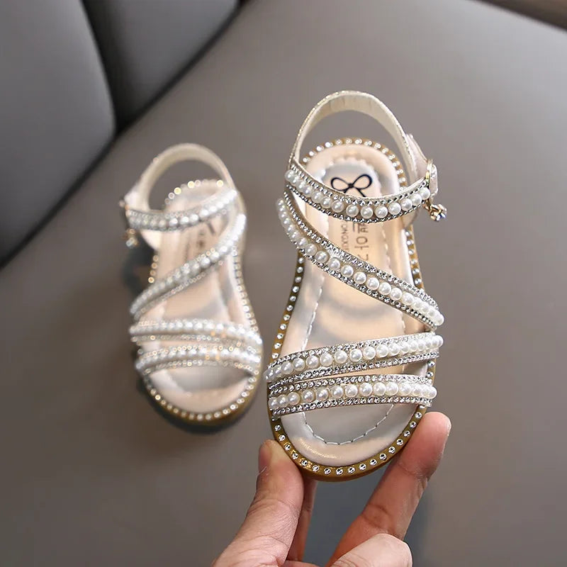 Summer Children's Sandals Korean Style Open-toe Kids Girls Causal Rhinestone Pearl Flats Sandals Fashion Princess Dress Shoes