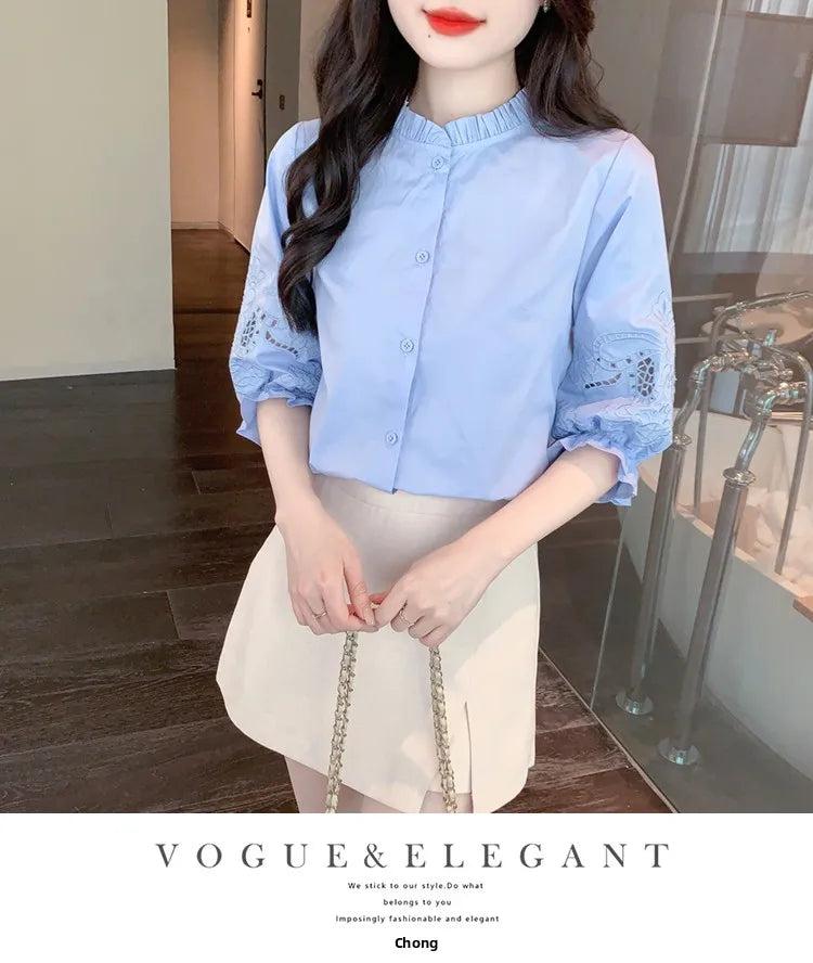 Ele Embroidered ort Sve irt Women's Summer New Design Korean Sle Commute Lantern Sve White irt for Ladies