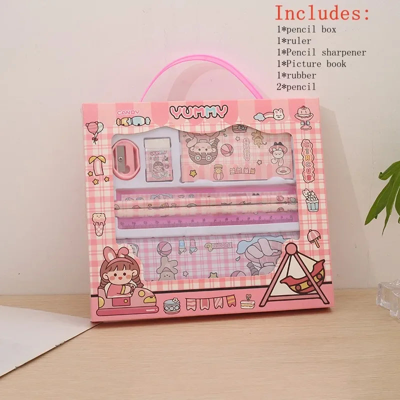 Stationery Gift Cartoon  Student Stationery Set Pencil Eraser Ruler Pencil Sharpener Pencil Case Drawing Book Multifunction