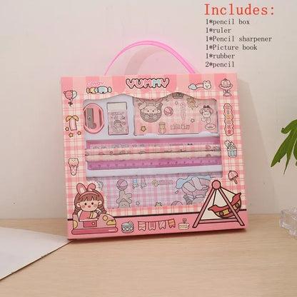 Stationery Gift Cartoon  Student Stationery Set Pencil Eraser Ruler Pencil Sharpener Pencil Case Drawing Book Multifunction