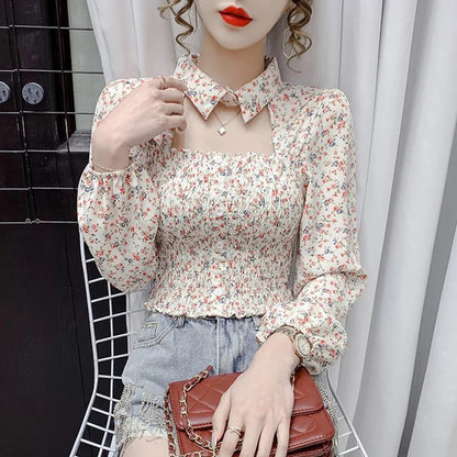 2025 Floral Chiffon Shirt New Spring Summer Women Collect Waist Hollow Out Tops Vintage Blouse Women Longsleeve Short Shirt 3XL
