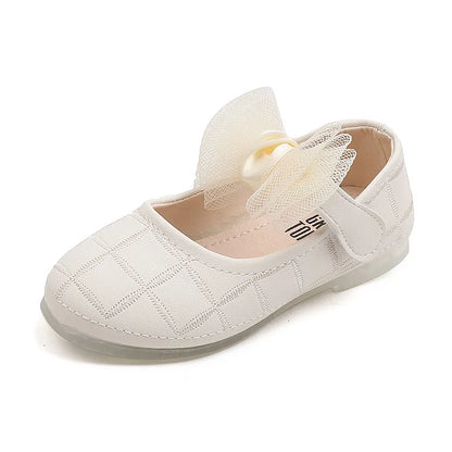 Korean Style Kids Solid Color Embroidered Leather Shoes Girls Big Bow Mesh Flower Princess Flat Dance Shoes