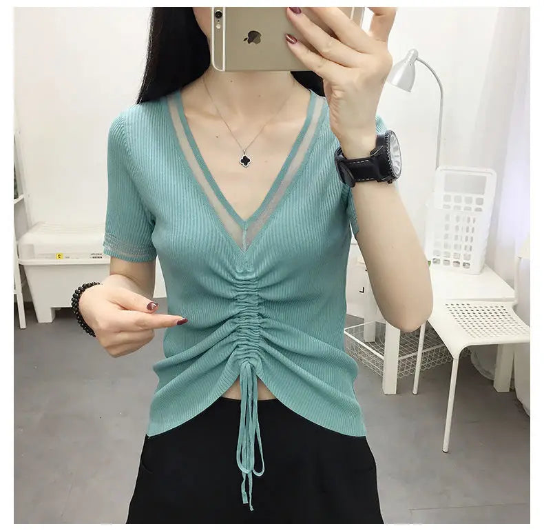 Ice Silk Short Sleeve T-shirt for Women in Summer New Thin V Neck Drawstring Solid Color Casual Tops Fashion Office Clothing