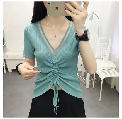 Ice Silk Short Sleeve T-shirt for Women in Summer New Thin V Neck Drawstring Solid Color Casual Tops Fashion Office Clothing