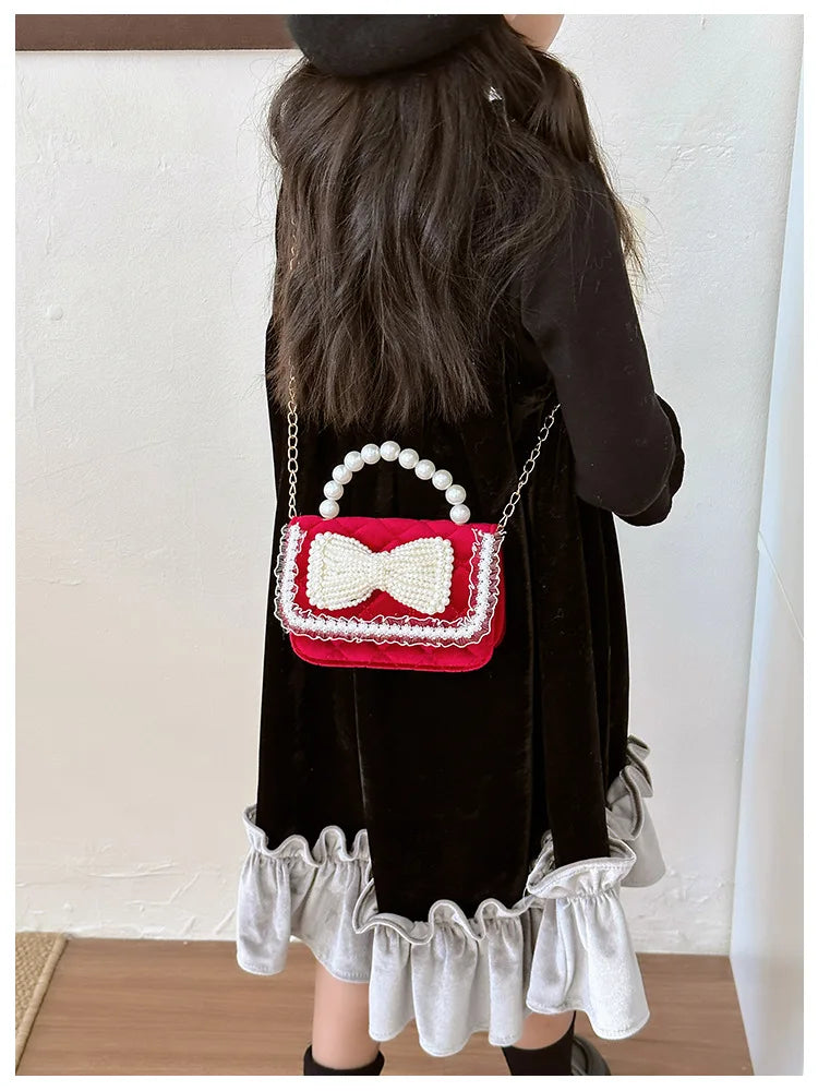 Sweet Bow Children's Small Square Shoulder Bag Sequin Lace Princess Girls Crossbody Bags Pearl Handle Coin Purse Handbags Gifts