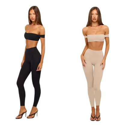 PMWRUN Women's Off - the - Shoulder Yoga Crop Top with High Waist Leggings Set, Stretchy and Breathable for Gym & Workout