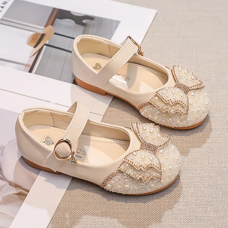 Fashion Girl Glitter Shoes Kids Flat Shoes Sequins Rhinestone Pearl Princess Bowknot Leather Shoes for Student Performance Party