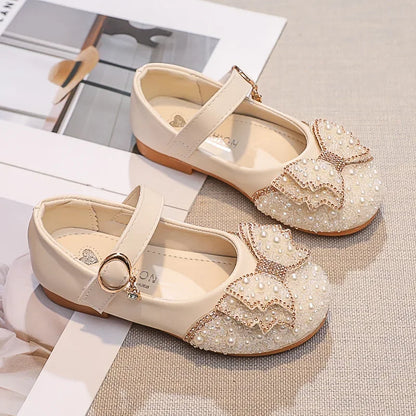 Fashion Girl Glitter Shoes Kids Flat Shoes Sequins Rhinestone Pearl Princess Bowknot Leather Shoes for Student Performance Party
