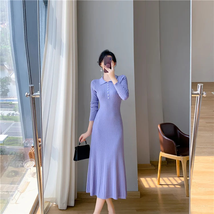 Sweater Dress Women New 2025 Autumn Winter Purple White Or Black High Waist A Line Dress Elegant Long Knitted Dress
