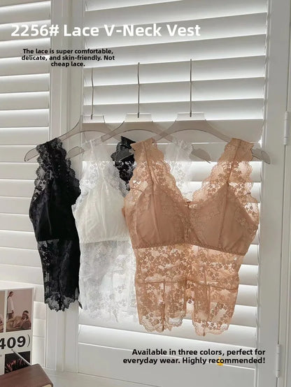 Lace White Strap Vest Women Summer Outdoor Wear with Chest Pad Beautiful Ba Base Inner Match V-ne Svel Top Women