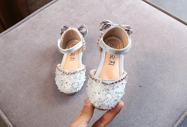 2023 Crystal Bow Single Shoes Summer Girls Fashion Princess Soft Shoes Children Pu Leather Flat Baby Rhinestone Sandals A986