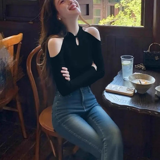 Korean Sle Bla Button-Up oulder Sweater Women's Slim Fit Base irt Top Breathable Polyester Fiber Long Sve round Ne